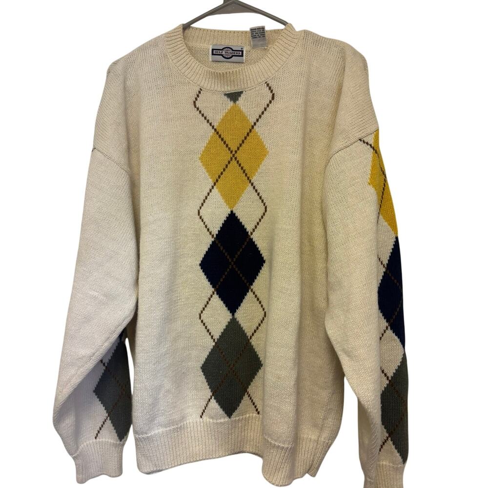 Vintage Gulf Traders Argyle Sweater Yellow Green Size XL